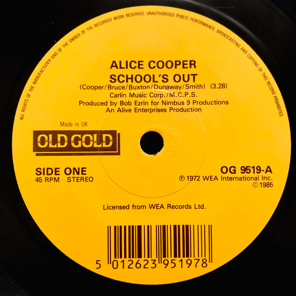 Alice Cooper – School's Out / Elected (Vinyl 7" 45 RPM Single Reissue Repress Stereo, 1986)